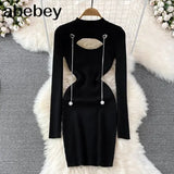 Out Autumn Women Knitted Dress Long Sleeve Elastic Waist Fashion Warm Dress Winter Bodycon Mini Sweater