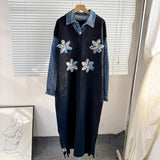2025 New Cowboy Splicing Knitted Two-Piece Collar Dress Flower Nails Decorated Long Dress
