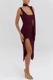Burgundy Sleeveless Mesh Slit Drape Midi Dress-Outfit