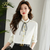 Han Queen New Arrival Spring Autumn Shirts Women's Blouses Vintage Work Casual Top Chiffon Blouse Elegant Lace-Up Loose Shirts-Outfit