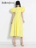 Loose Casual Dress For Women Round Neck Puff Sleeve High Waist Solid Minimalist Midi Dresses Female Summer