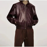 Burgundy Pu Leather Zipper Biker Jacket-Outfit