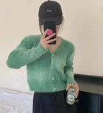 Autumn / Winter New Sweet Dopamine V-Neck Cardigan Girl's Short Graded Plush Blouse-Outfit