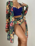 Toloer New Sexy Bikini Mesh Three-Piece Set Gathered Print Split Swimsuit