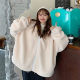 Hooded Ladies Plus Velvet Thick Coat All-match Jacket Pure Yellow Sweet and Cute Autumn and Winter Lamb Wool Loose Coat