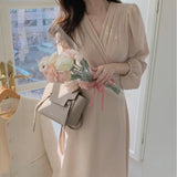 Toloer Luxury Wind Design Sense V Collar Receive Waist Show Thin Dress Female Summer New Foreign Style Pure Color In The Long Chiffon Skirt-Outfit