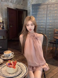 Elegant Dresses Women Flowers Sleeveless Ruffled Collar Halter Mesh Patchwork Backless Loose Holiday Sweet Party Dress-Outfit