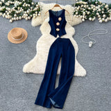 Temperament Design Sense Metal Buckle Round-Neck Sleeveless Vest + High-Waist Broad-Legged Trousers Denim Set Of