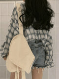 Checkered Puff Sleeve Button Blouse-Outfit