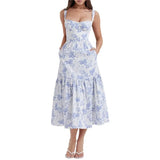 Women Floral Printed Dress y2k Aesthetic Square Neck Low Cut Split Bustier Long Dress Slim Fit Beach Sundress Summer