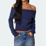 2025 New Knitted Top Women's Clothing Pure Color Collar Shoulder Long-Sleeved Cover Sweater