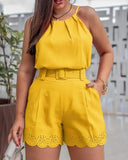 2 Piece Sets Women Outfit 2023 Summer Fashion Plain Sleeveless Top & Hollow Out Scallop Trim Women's Shorts with