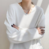 Concave Collar Long-Sleeved T-Shirt Female Spring And Autumn 2023 The New Korean Version Of Loose V-Neck Cotton Bottomed Shirt-Outfit
