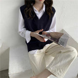 V-neck Knit Vests Woman Korean Sleeveless Loose Solid Vests Women Simplicity Slim Warm Women's Pullover Jacket