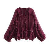 2025 New Women's V-Neck Single Buckle Long-Sleeved Cascade Decorative Shirt 10