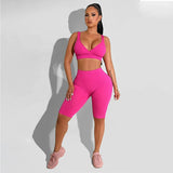 Solid Color Backless Crop Top And Shorts Casual Sports Two Piece