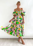 Summer New Bubble Sleeve Holiday Show Skinny Dress Babes High-Waisted Shoulder-Print Dress Dress