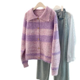 Toloer Purple Striped Soft-Clip Single-Dcupy Clasp-Clip Sweater Women's Cardigan Jacket 2025 New Autumn And Winter