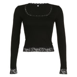 Toloer Girl Y2k Wind Bow Lace T Shirt Female Slim Long Sleeve Square Collar Simple Base Bottom Top-Outfit