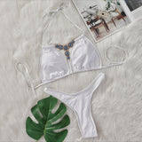 Toloer New Bikini Crystal Diamond Split Women's Swimsuit Plain Color Strap
