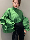 Loose Solid Shirt For Women Stand Collar Lantern Sleeve Patchwork Ruffle Single Breasted Chic Blouse Female 2023