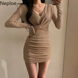 Y2k Woman Dress V-neck Women Bodycon Dresses Korean Vestidos De Mujer Elegant Robe Long Sleeve Party Dress