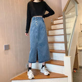 Toloer New Autumn Dress 2024 Women's Skirt High Waist Long Skirt Slit Jeans Skirt-Outfit