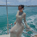 Women's Summer Long Knit See-through Beachwear Solid Color Flare Long Sleeve O Neck Hollow Backless Cover Up Dress-Outfit
