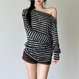 Toloer 2024 New Women's Commuter Unique Cut Diagonal Collar Off-Shoulder Striped Long Sleeve Top-Outfit