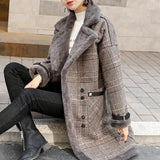 YOCALOR Plaid Faux Leather Fur Parka Coat Women Jacket Women's New 2020 Autumn Winter Lamb Fur Female Overcoat Outerwear