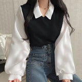 Polo Collar Patchwork Long Sleeve Blouse-Outfit