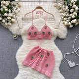 Toloer Vacation Wind Hollow Out Hook Flower Knit Suit Female Sweet Hanging Neck Condole Belt Vest High Waist Miniskirt Two