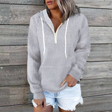 Toloer New Casual Home Wear Women's Zipper Hooded Bag Solid Color Waffg Long Sleeve Hoodie-Outfit