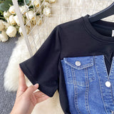 Net Red New Niche Round Collar Short Sleeve Splicing Denim Dress Women Senior Feel Waist-Wear Two Long
