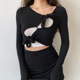 Korean Sexy Slim T-shirt Long Sleeve Hollow Out Chic Design Crop Top Lace-up Women Irregular Tee Shirt Japanese