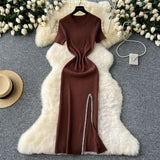 Toloer Senior Sense Dress Female Summer Sexy Sequins Slit Waist Show Thin Round Collar Short Sleeves In The Long Knit