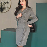 Women Midi Dress Formal Temperament Vintage Bird Lattice Ruffle Double Breasted Belt Slim Lady Robe Femme Mujer