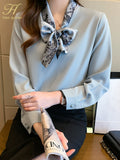 Han Queen Elegant Autumn Bow Chiffon Simple Office Lady Blouse Female Shirt Loose Tops Long Sleeve Casual OL Blouses Women-Outfit