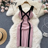 Color Striped Tight Stretchy Knit Tank Dress Elastic Slim Sheath Ladies Party Sexy Body-con Step Knit Short