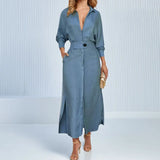 Toloer 2024 New Temperament Female Commuter Belt Solid Color Waist Long Sleeve Irregular Shirt Dress