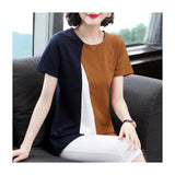 Summer Tshirts Women's Clothing New Round Neck Short Sleeve Temperament Patched Elegant Loose Casual Commuter Tops-Outfit