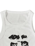 Funny Face Print Cropped Tank Top-Outfit