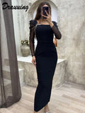 Elegant Party Dresses Women Skinny Mesh Long Sleeve Square Neck Vintage Black Ankle Length Dresses Women Autumn New-Outfit