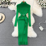 Black Turtleneck Sexy Women Dress Autumn Long Sleeve Skinny Maxi Boydcon Casual Sweater Plush Knee-Length Party