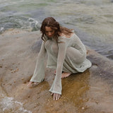 Women's Summer Long Knit See-through Beachwear Solid Color Flare Long Sleeve O Neck Hollow Backless Cover Up Dress-Outfit