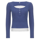 Korean Cute Y2K Retro Cotton Tops Lace Patchwork Buttons Kawaii Tshirts Autumn Square Collar Chic Casual