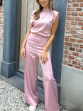 Summer New Women's Solid Color Straight Collar Sleeveless Loose Sleeves Wide-Legged