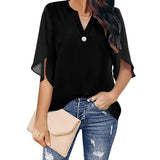 Short Sleeve Elegant Casual Pullover Solid Color V-neck Chiffon
