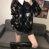 Deeptown Harajuku Black Knitted Cardigan Heart Print Knitwear Women Goth Long Sleeve Sweater Autumn Winter Korean 2021