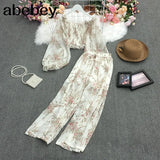 New Summer Fashion All-match Square collar puff sleeve Shirt+high waist wide leg Pant two piece
